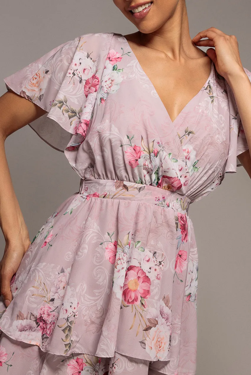 Goddiva Chiffon Tiered abito midi rosa cipria