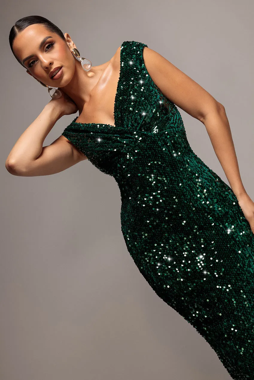 Goddiva Sequin Velvet DR3512 abito maxi verde smeraldo