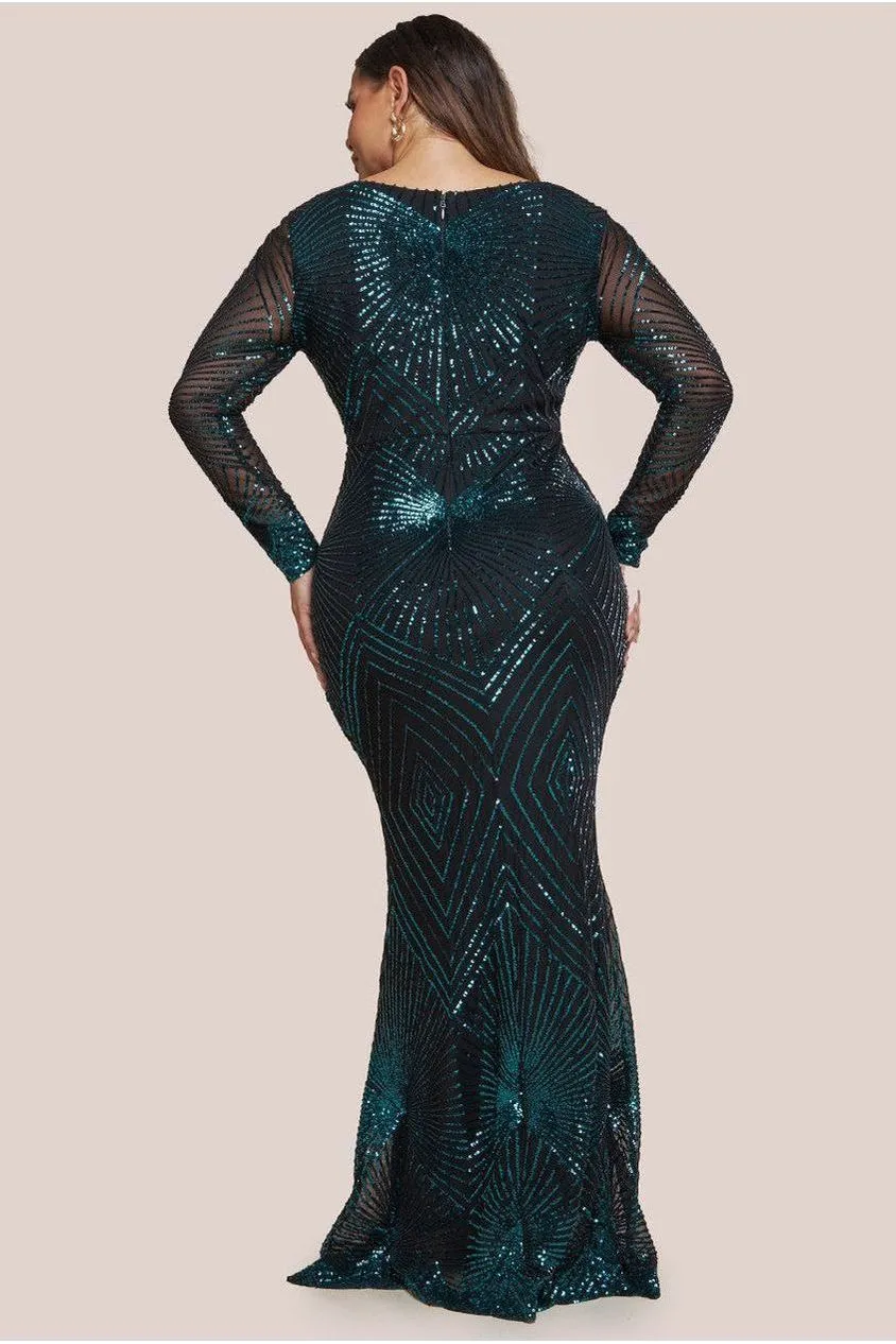 Goddiva Plus Starburst Sequin abito maxi smeraldo paillettes
