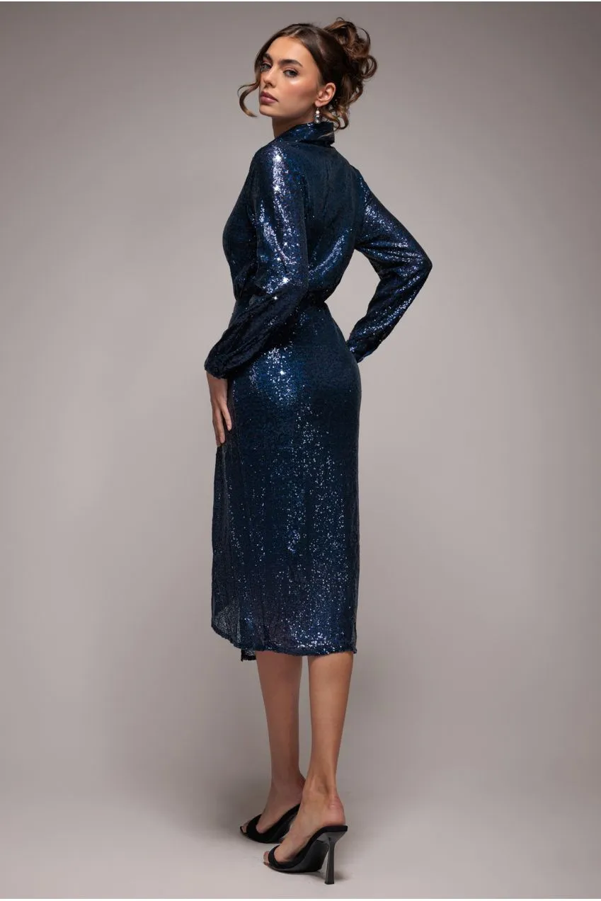 Goddiva Sequin Front Split DR4034 Abito Camicia Blu Navy