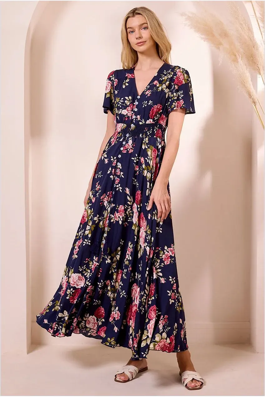 Angeleye Ruched Waist abito maxi navy fiori leggero