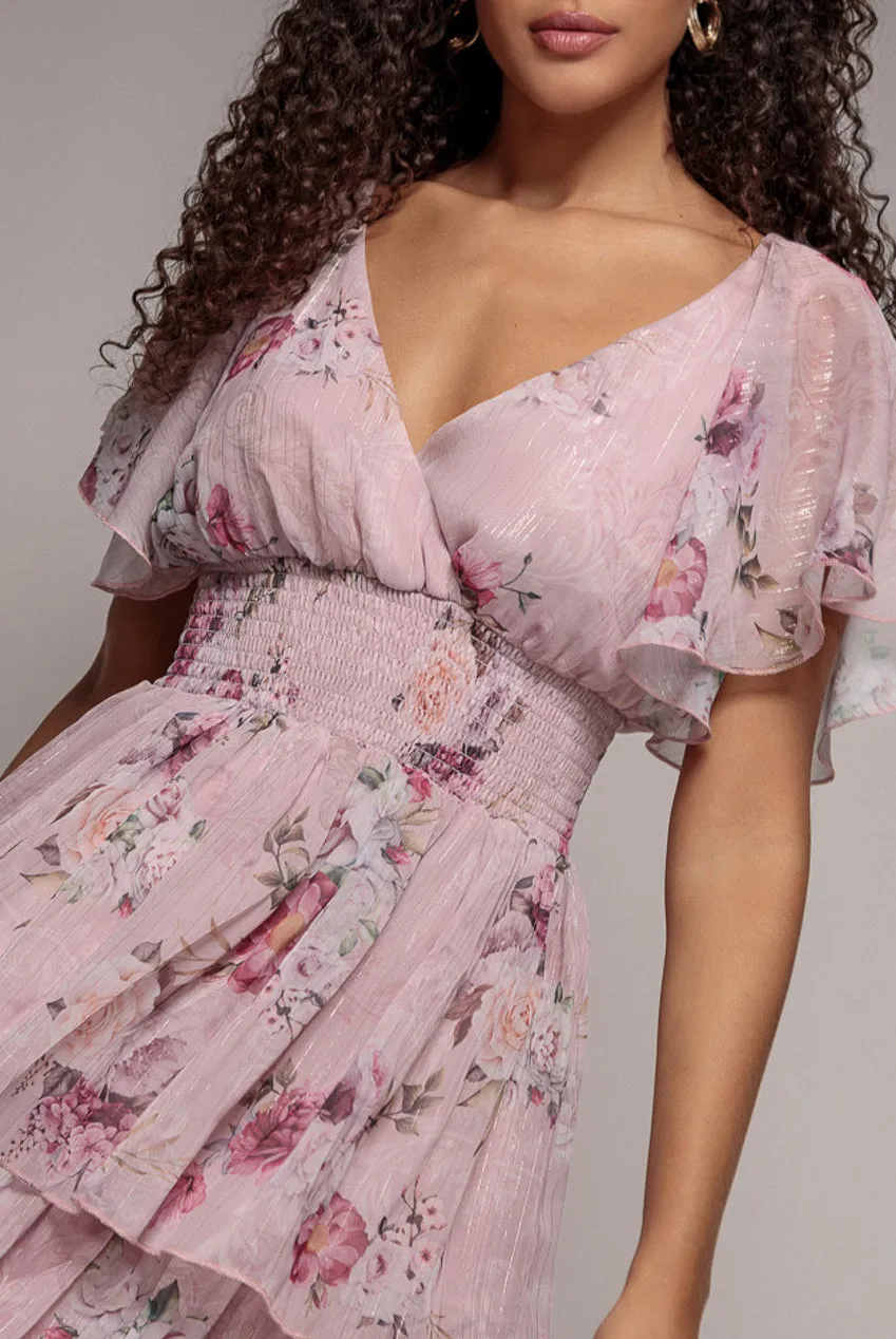 Goddiva Layered Floral Midi With Flutter Sleeves abito blush floreale