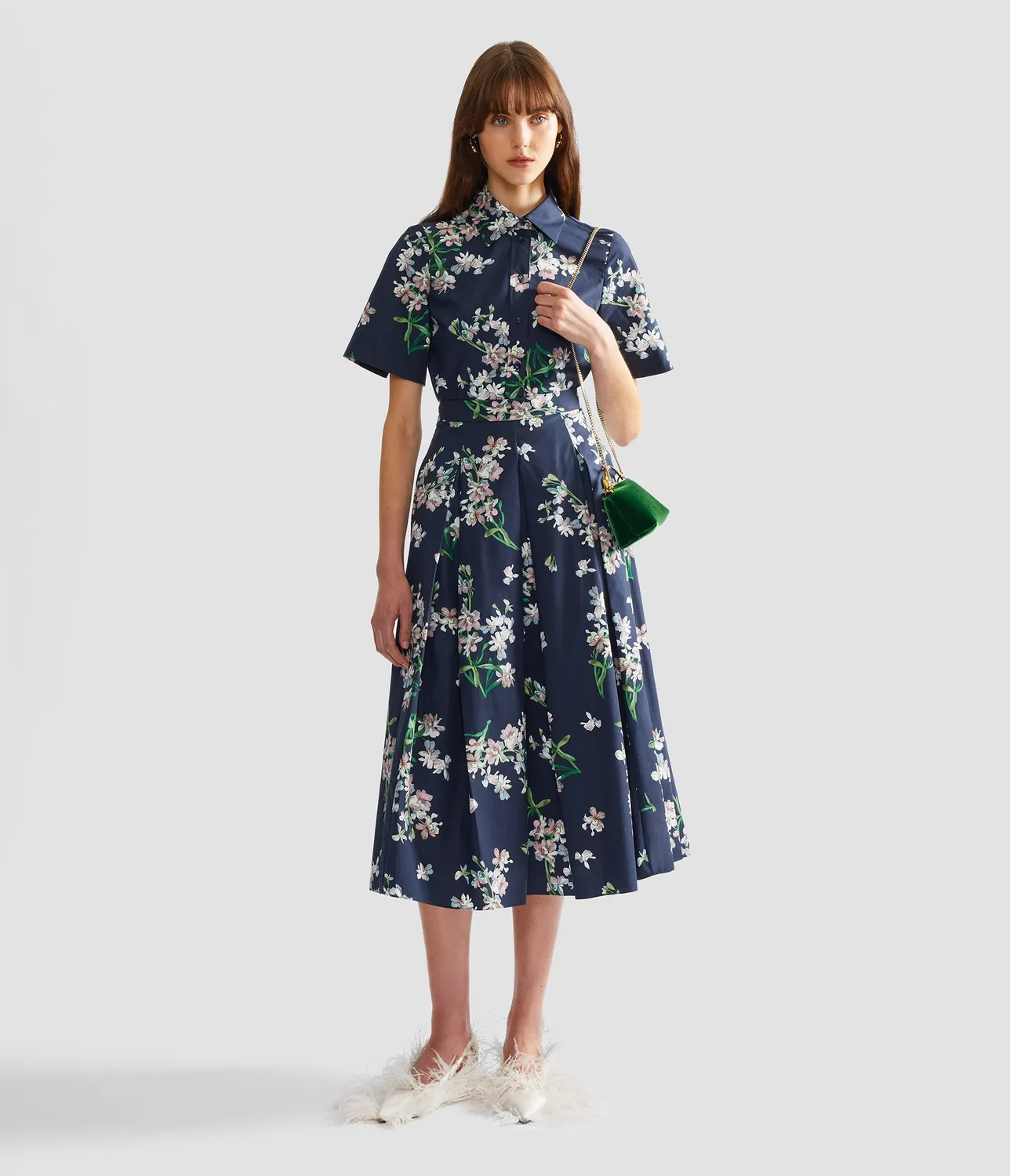 Erdem Floral Cotton gonna midi plissettata navy