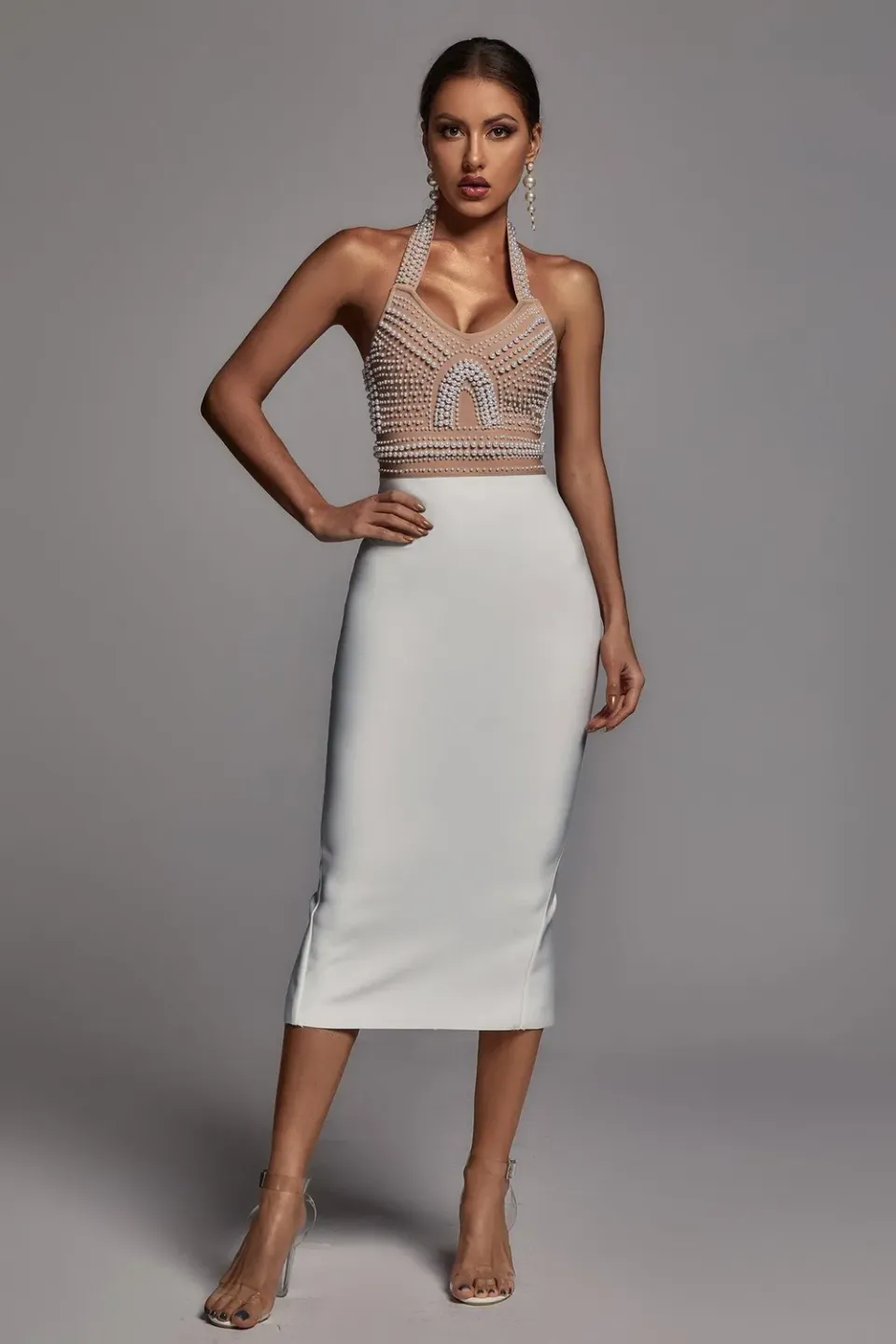 Bella Barnett Cornelia Abito Midi Halter Beige Perle Bandage