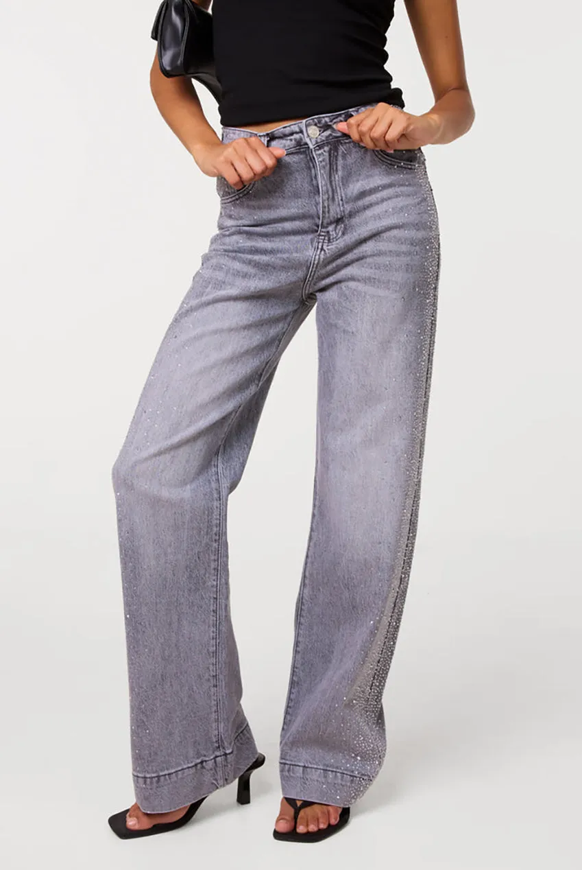 Pink Vanilla Diamante Side jeans grigi wide leg strass