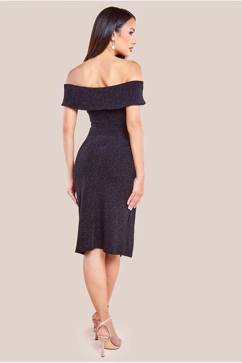 Goddiva Abito Midi Nero Bardot Lurex Waterfall Taglia 12