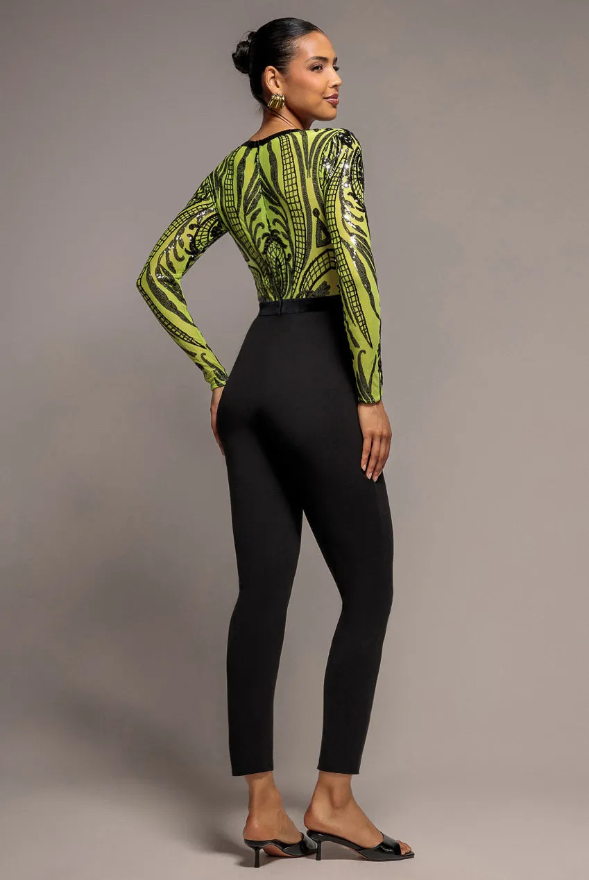Goddiva Deep V Neck tuta lime scollo V paillettes