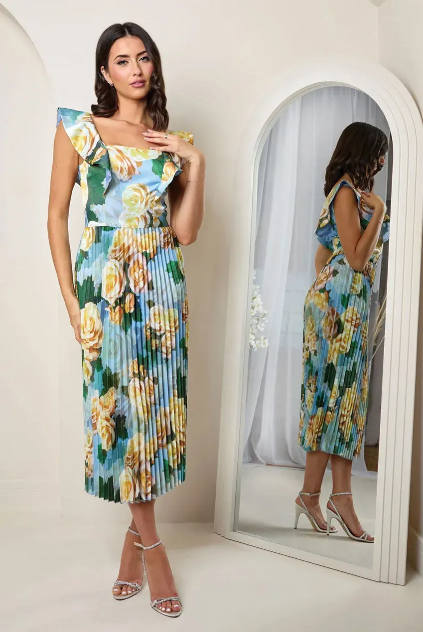 Chi Chi London Ruffle Pleated abito midi blu floreale