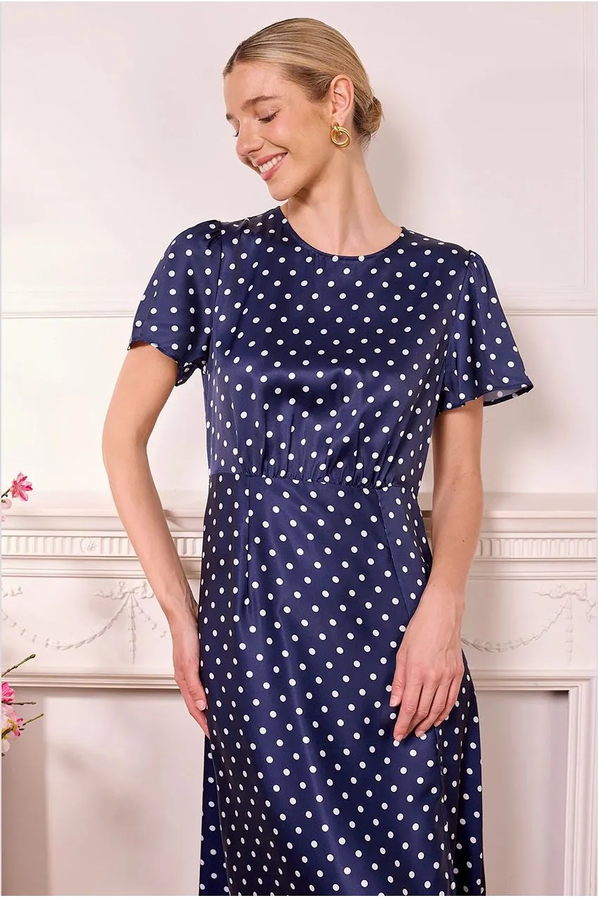 Angeleye abito midi satin blu pois scollatura elegante