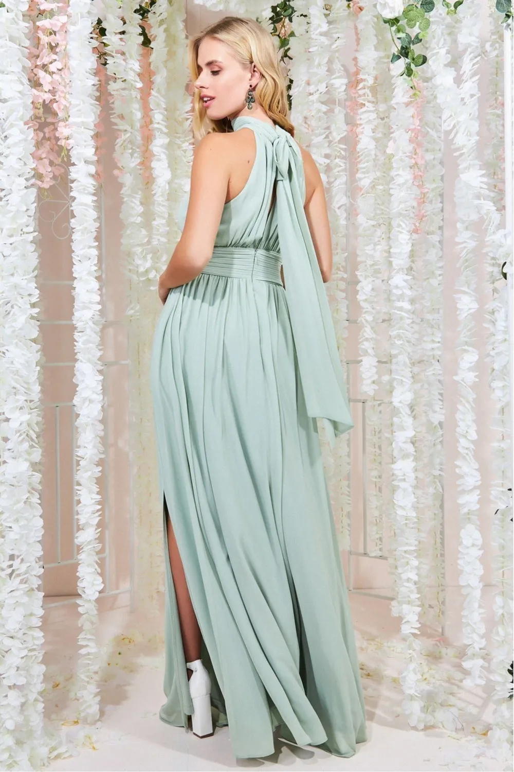 Goddiva Abito Maxi Chiffon Verde Salvia Spacco Halter