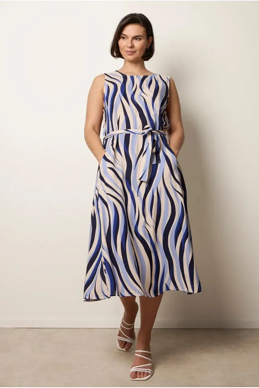 Blue Vanilla Abito Midi Navy Stampa Onde con Cintura Sm infradito