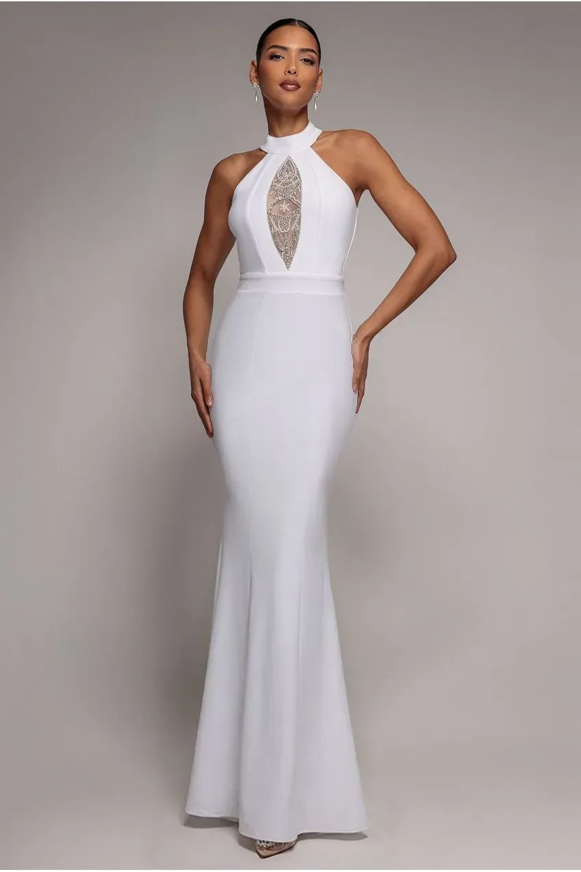Goddiva abito maxi bianco collo alto schiena aperta