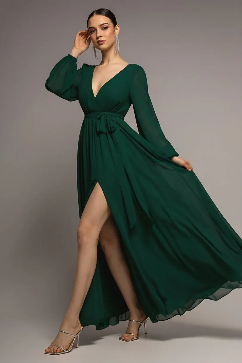 Goddiva Wrap Abito maxi verde scuro chiffon spacco