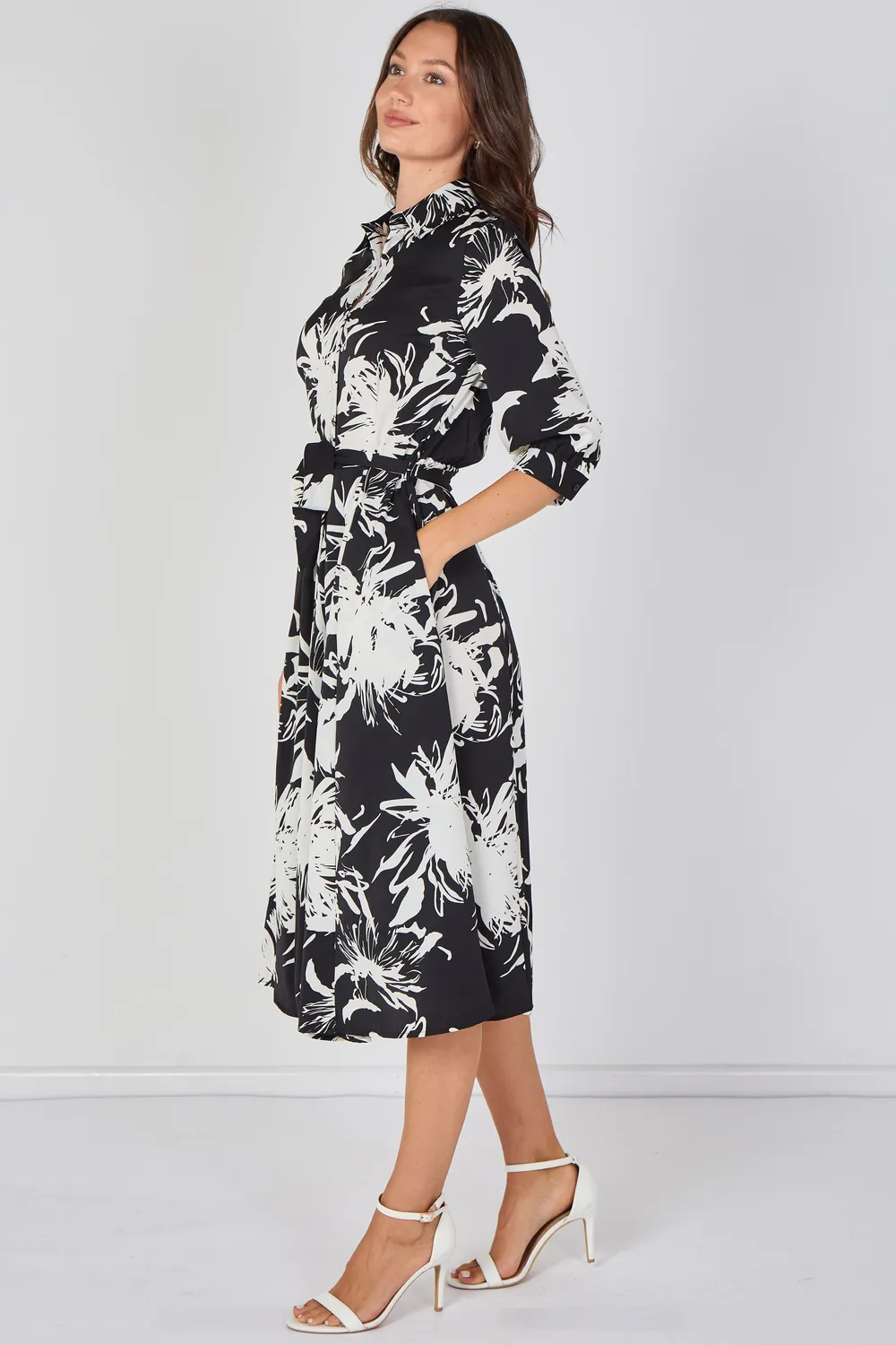 Love Sunshine Floral Midi abito camicia nero fantasia cintura