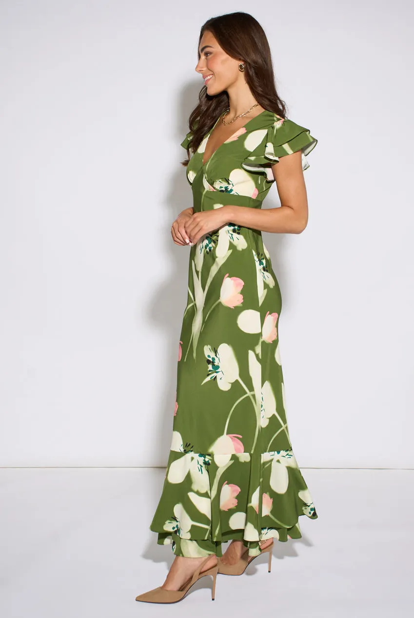 Gini London Green Floral Ruffle abito maxi verde