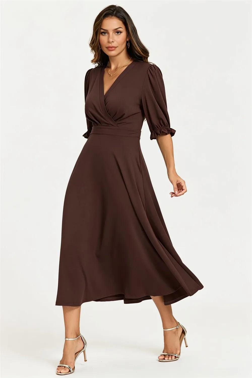Goddiva FS Collection Abito Midi Jersey Cioccolato elasticizzato