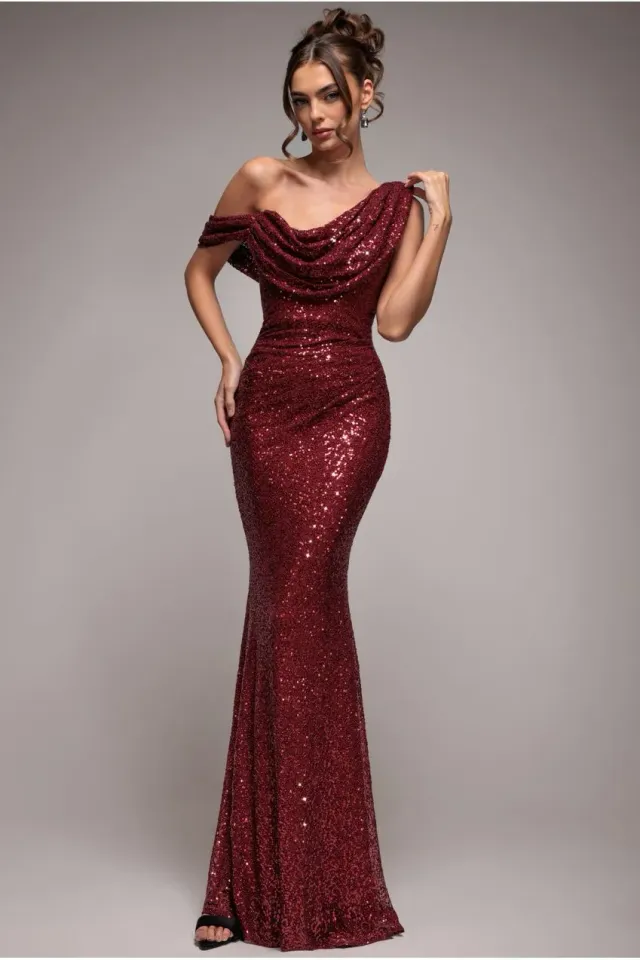 Goddiva Sequin Cowl One Shoulder abito maxi vino paillettes