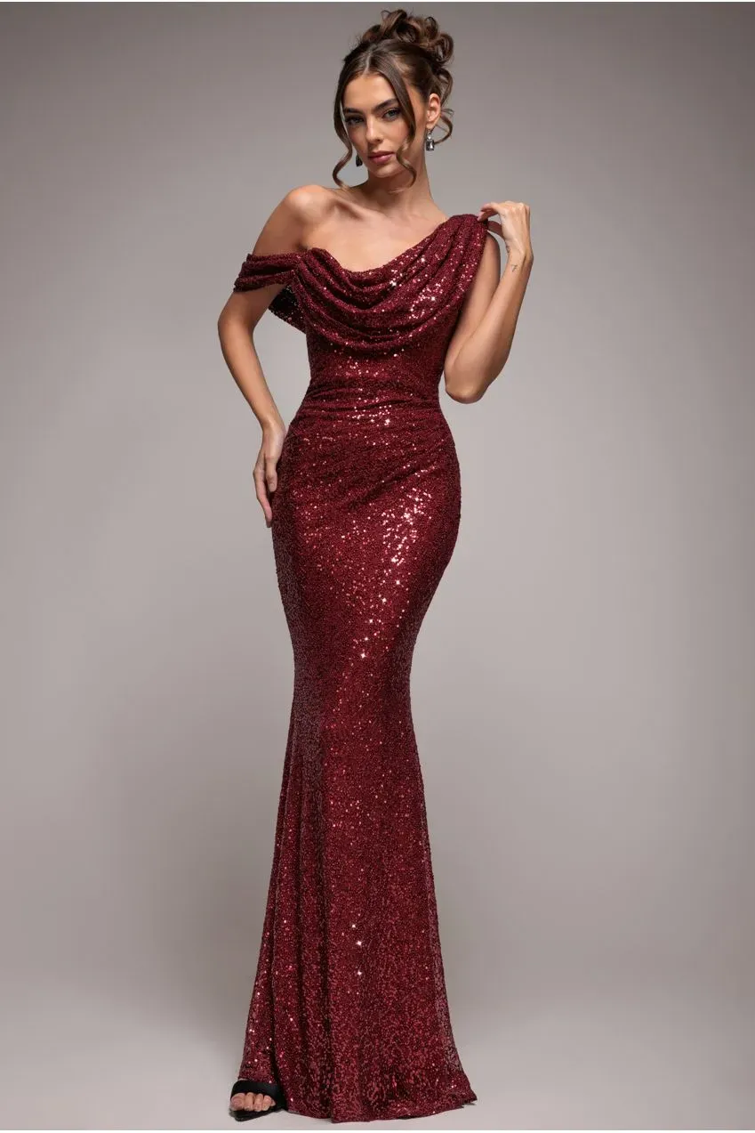 Goddiva Sequin Cowl One Shoulder abito maxi vino paillettes