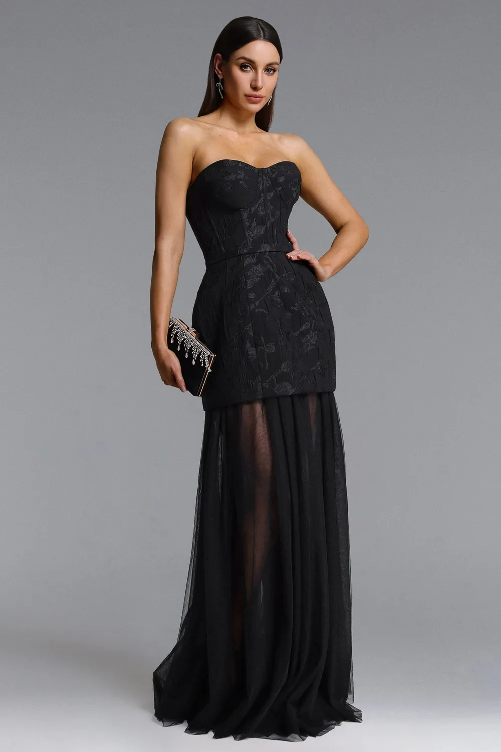 Bella Barnett Margo abito maxi nero jacquard monospalla
