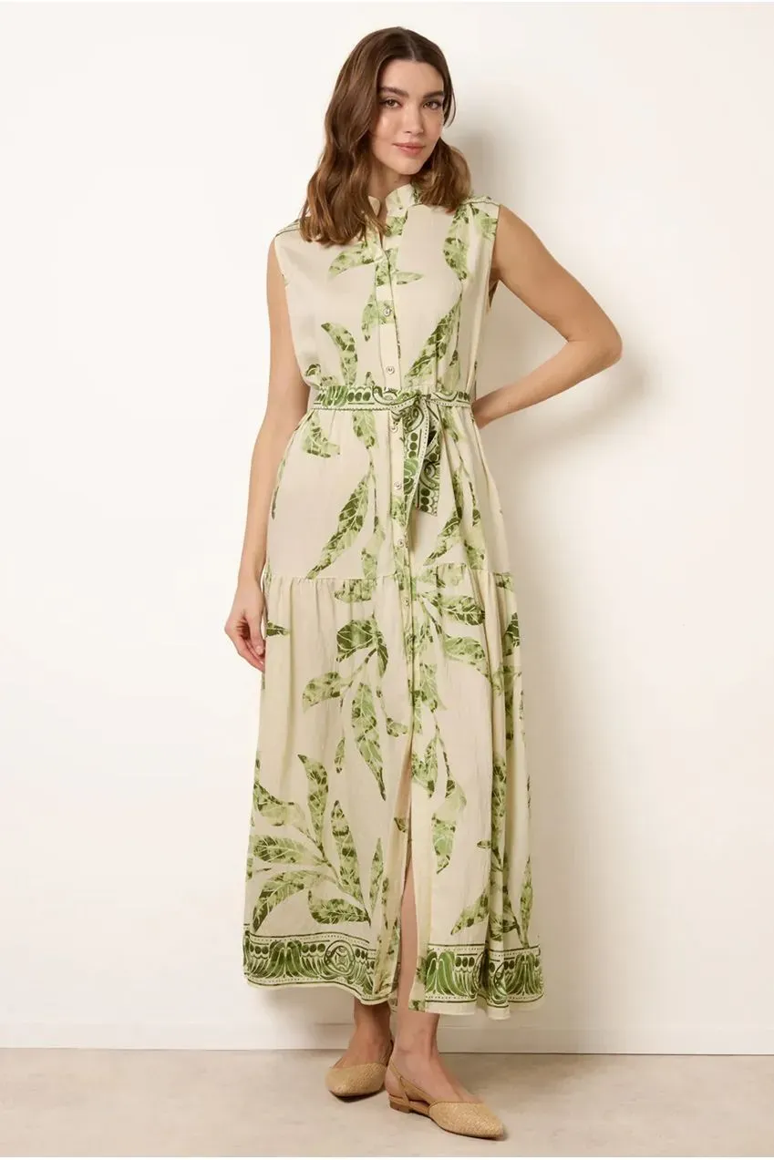 Blue Vanilla Leaf Print Collarless Shirt Dress With Belted Waist abito verde