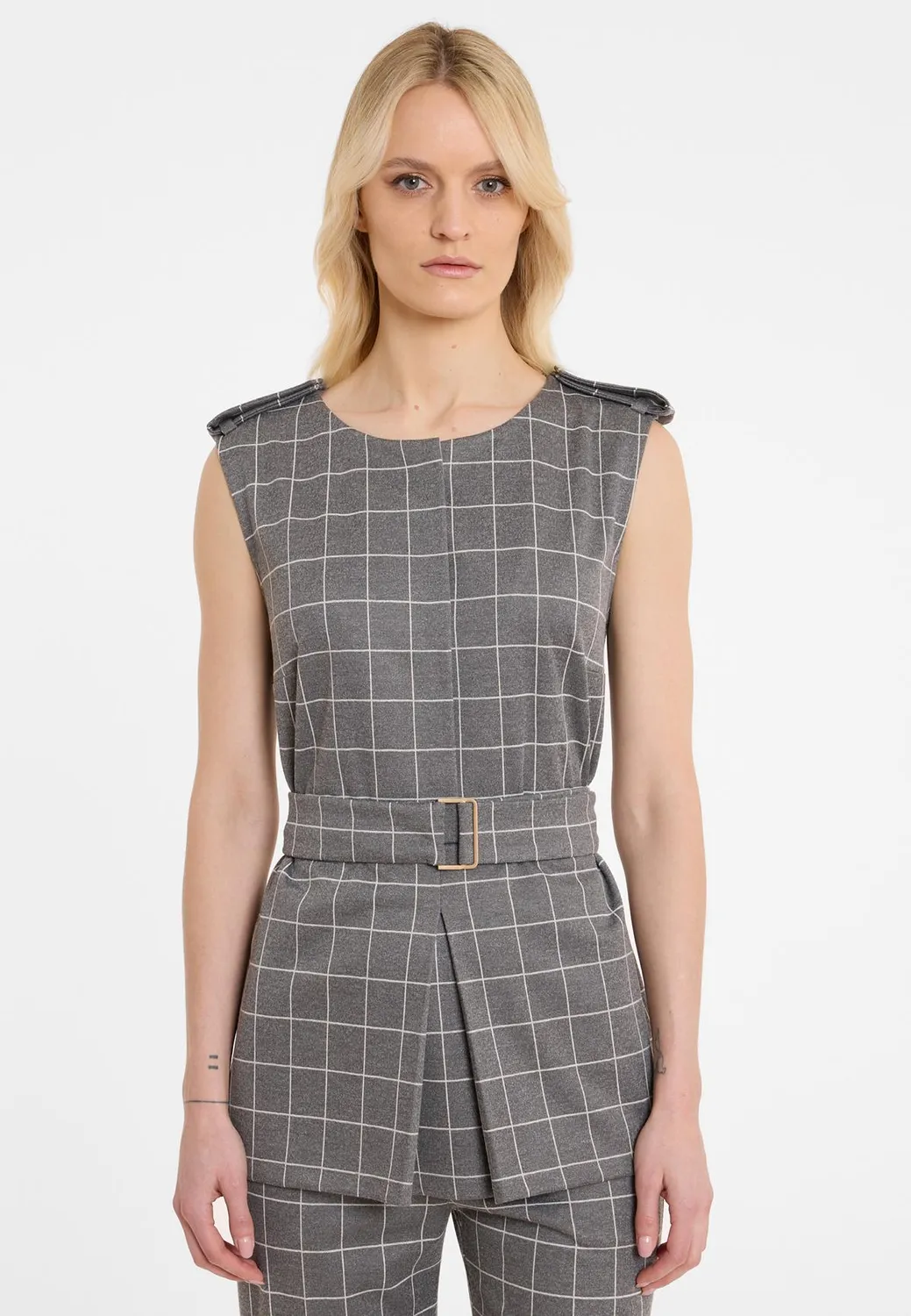 Ana Alcazar Amira gilet top grigio quadri con cintura
