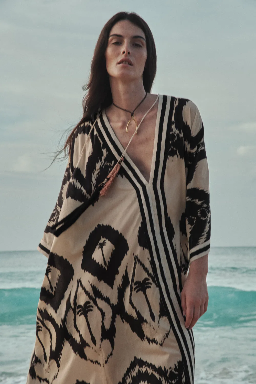 Johanna Ortiz Wind Of Palms tunica midi ecru cotone