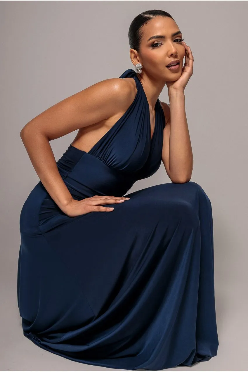 Goddiva Halter Empire abito maxi blu vita impero
