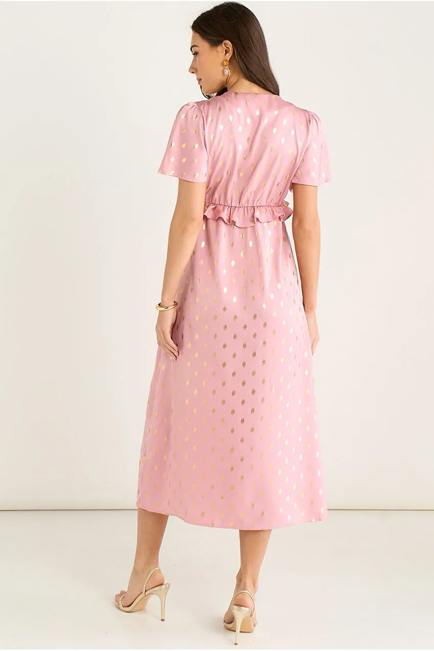 Gini London Blush Metallic Foil abito midi rosa cipria
