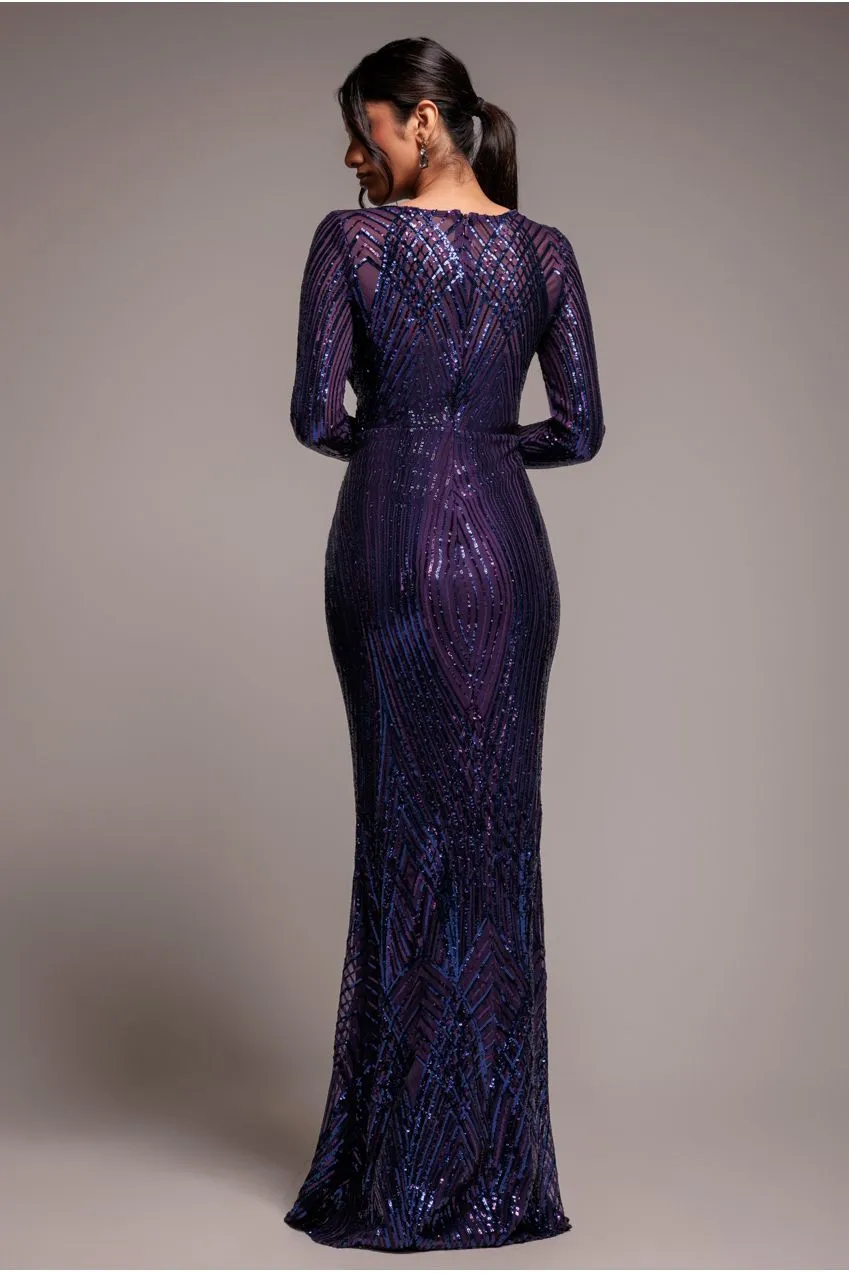 Goddiva Two Toned V Neck abito maxi viola paillettes