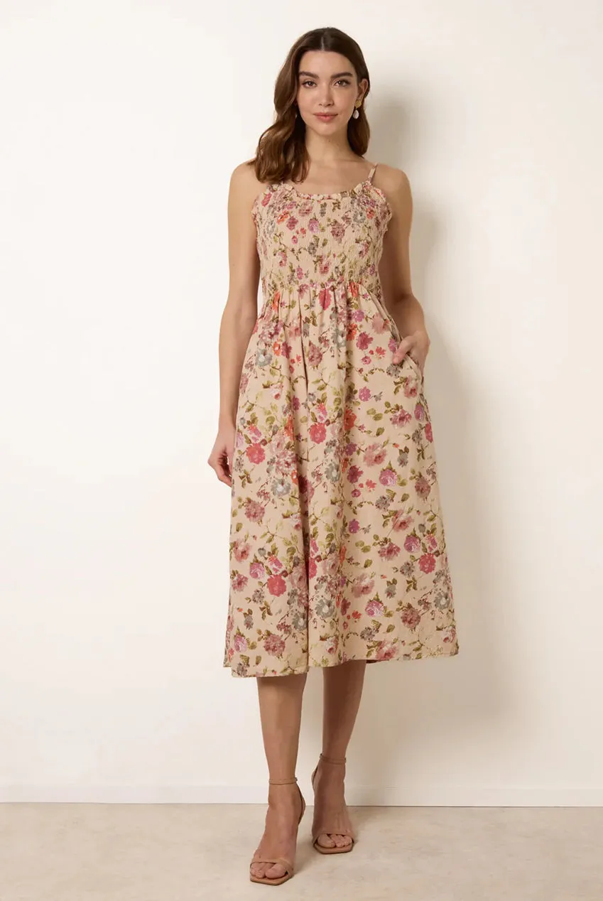 Blue Vanilla Floral Shirred abito midi floreale multi in cotone