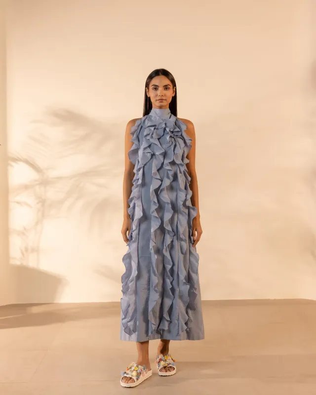 Our Dve Tangerine Sunny Side vestito azzurro balze cotone