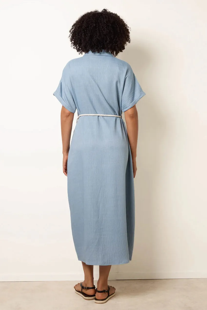 Blue Vanilla Floral vestito camicia midi blu ricamo traforato