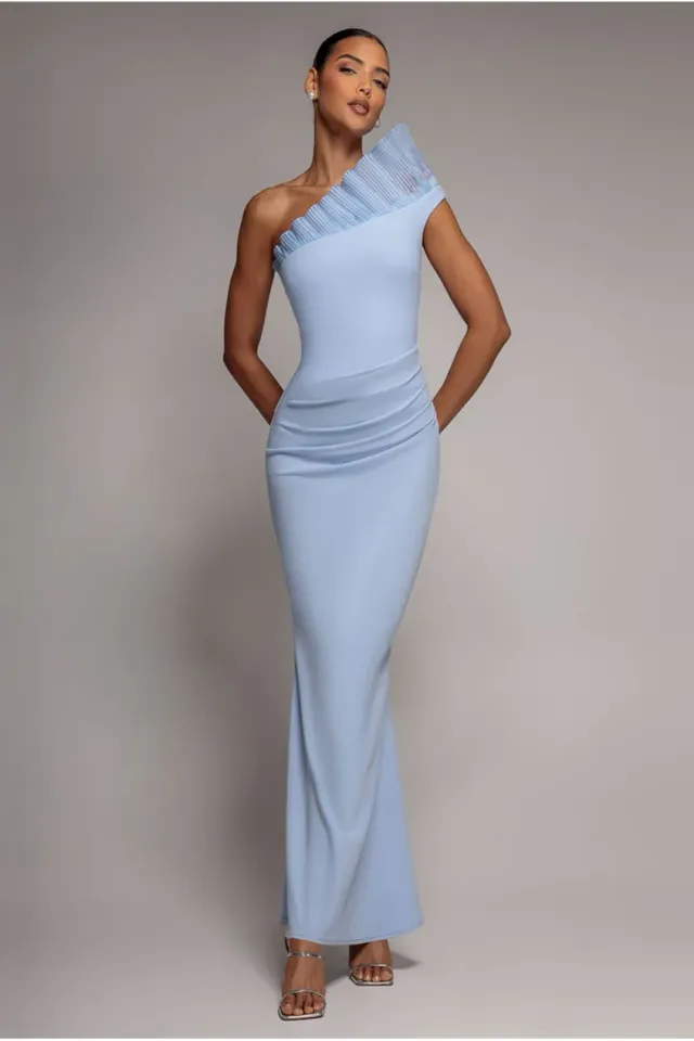 Goddiva monospalla abito maxi azzurro sirena organza scuba