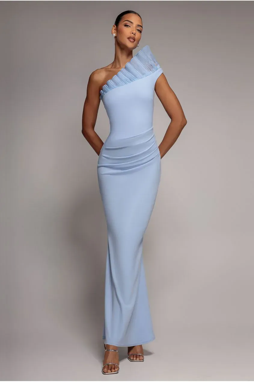 Goddiva monospalla abito maxi azzurro sirena organza scuba