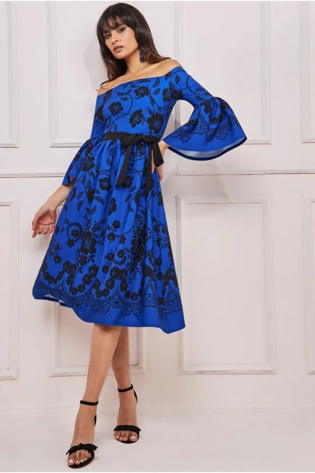 Goddiva abito midi blu royal floreale off shoulder