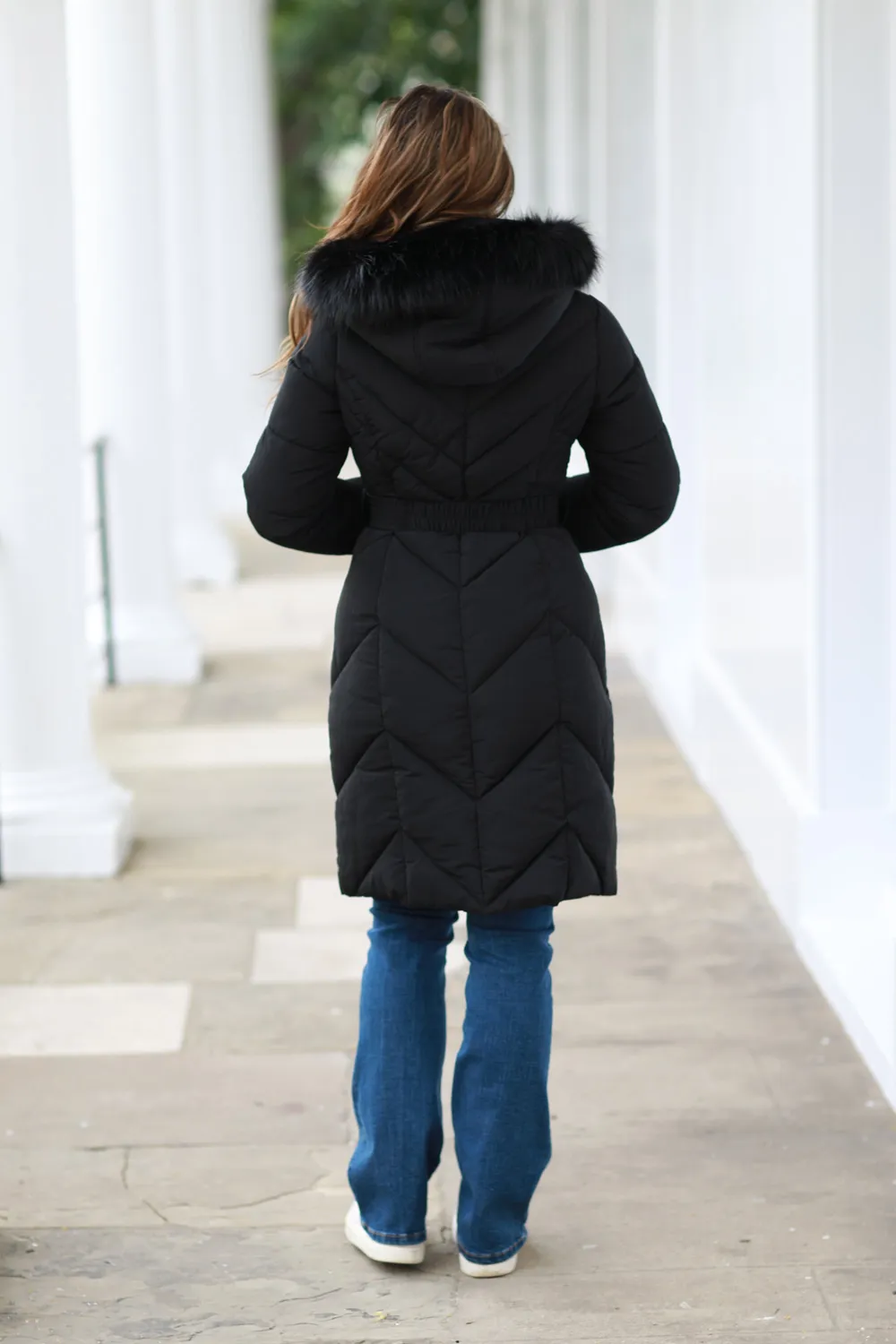 Double Second Belted Puffer Piumino Lungo Nero con Cappuccio cin