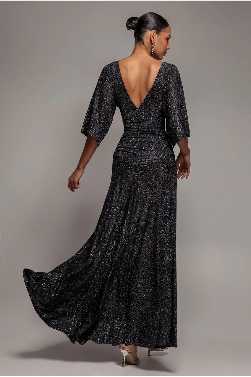 Goddiva Lurex Kimono Abito Maxi Nero Maniche Lanterna lurex
