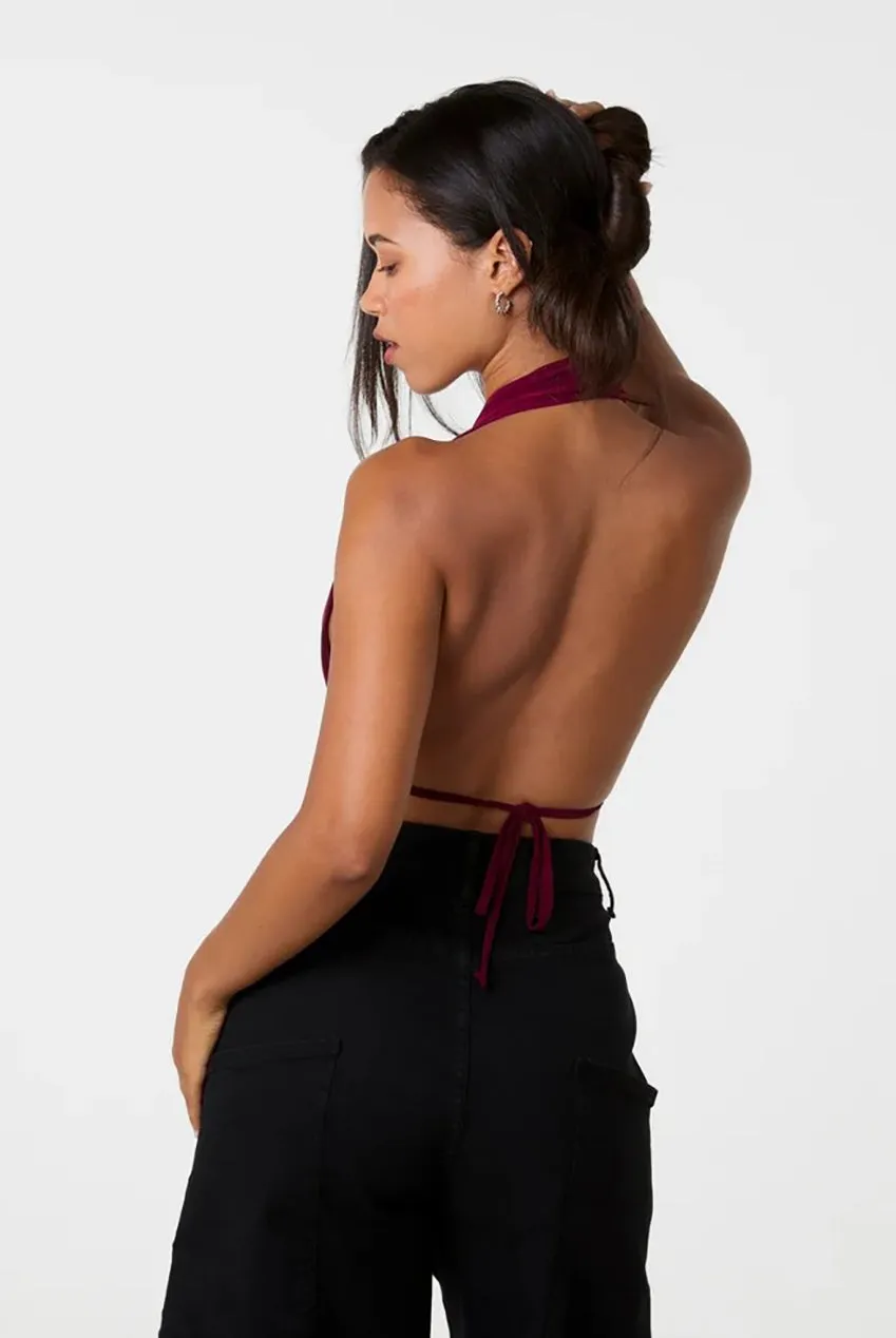 Pink Vanilla Halter Drape Tie Back top bordeaux S/M scollato