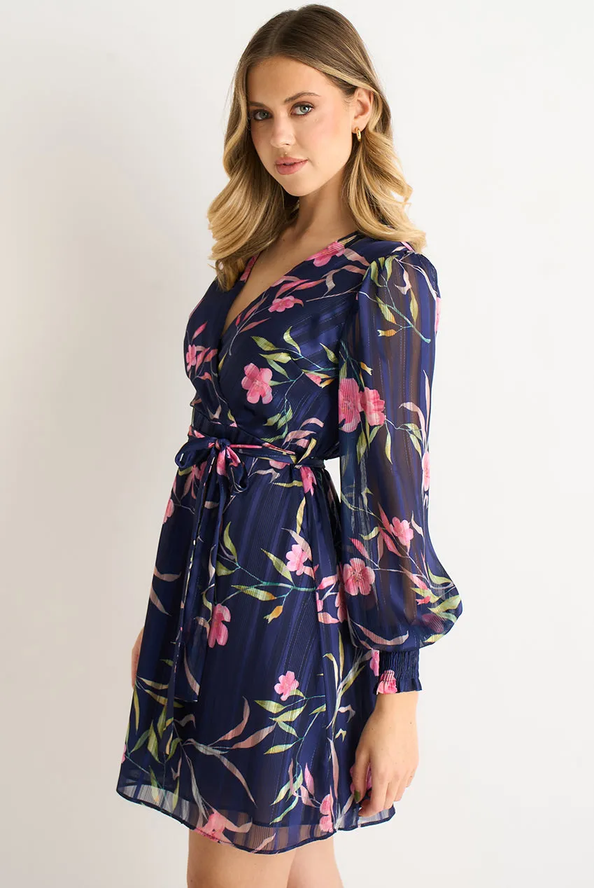 Gini London Abito Mini Wrap Navy Floreale Chiffon