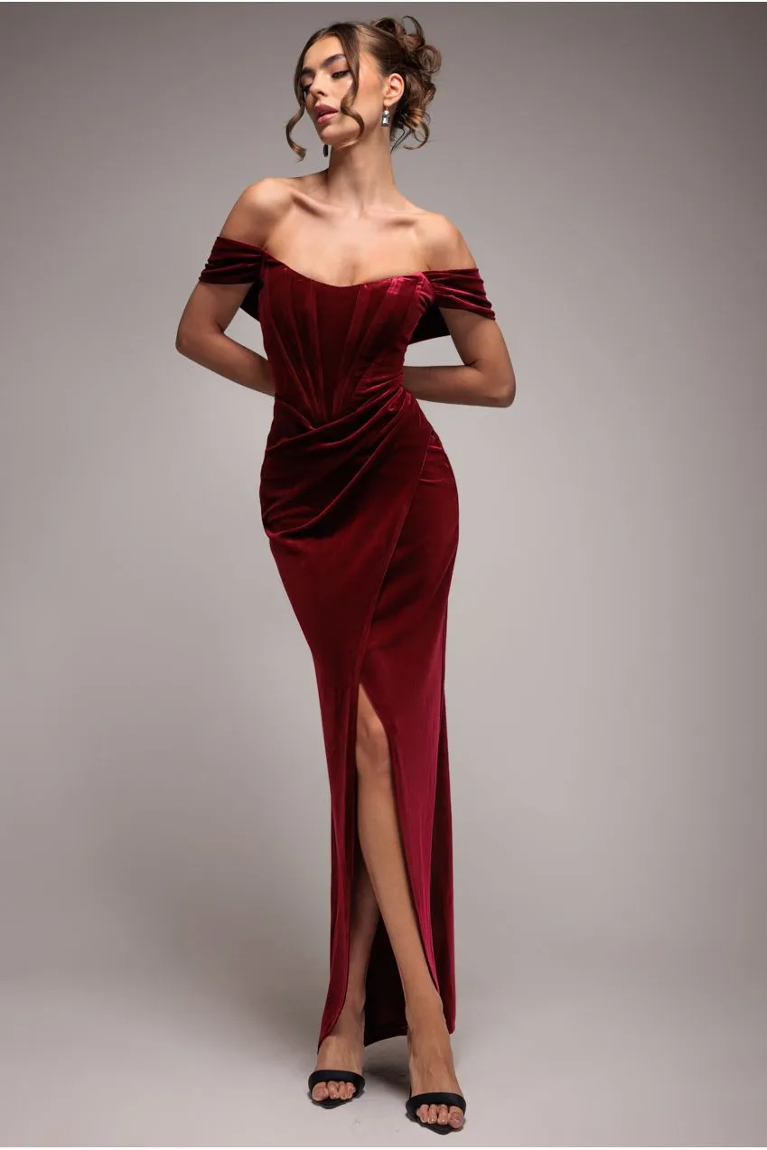 Goddiva Draped Shoulder abito lungo velluto bordeaux corsetto