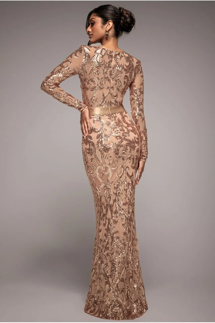 Goddiva DR3476 abito maxi champagne paillettes ricamato
