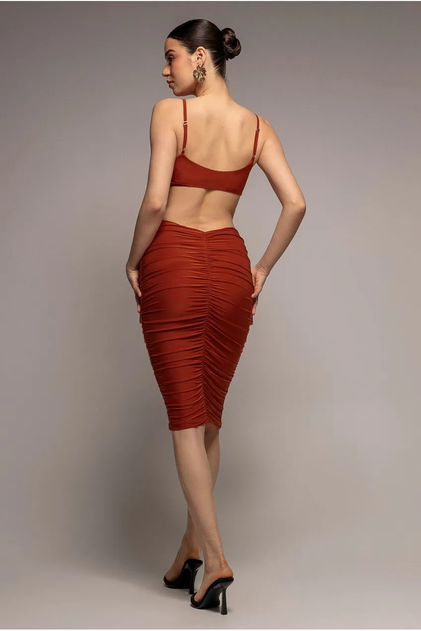 Goddiva Cut Out Ruched abito midi ruggine