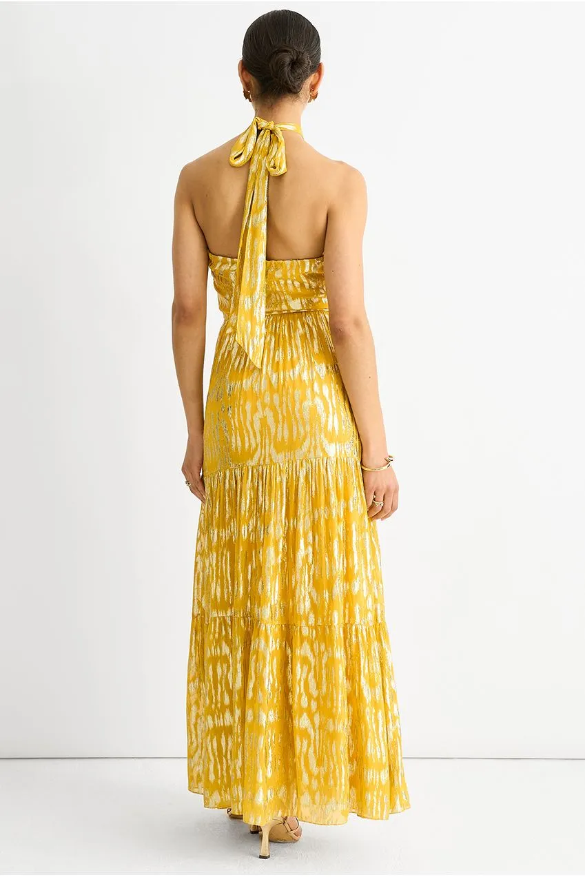 Gini London Animal Jacquard abito maxi giallo halter
