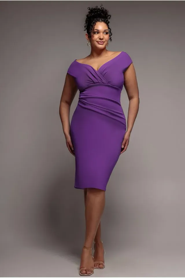 Goddiva Plus Scuba Bardot abito midi viola DR4135