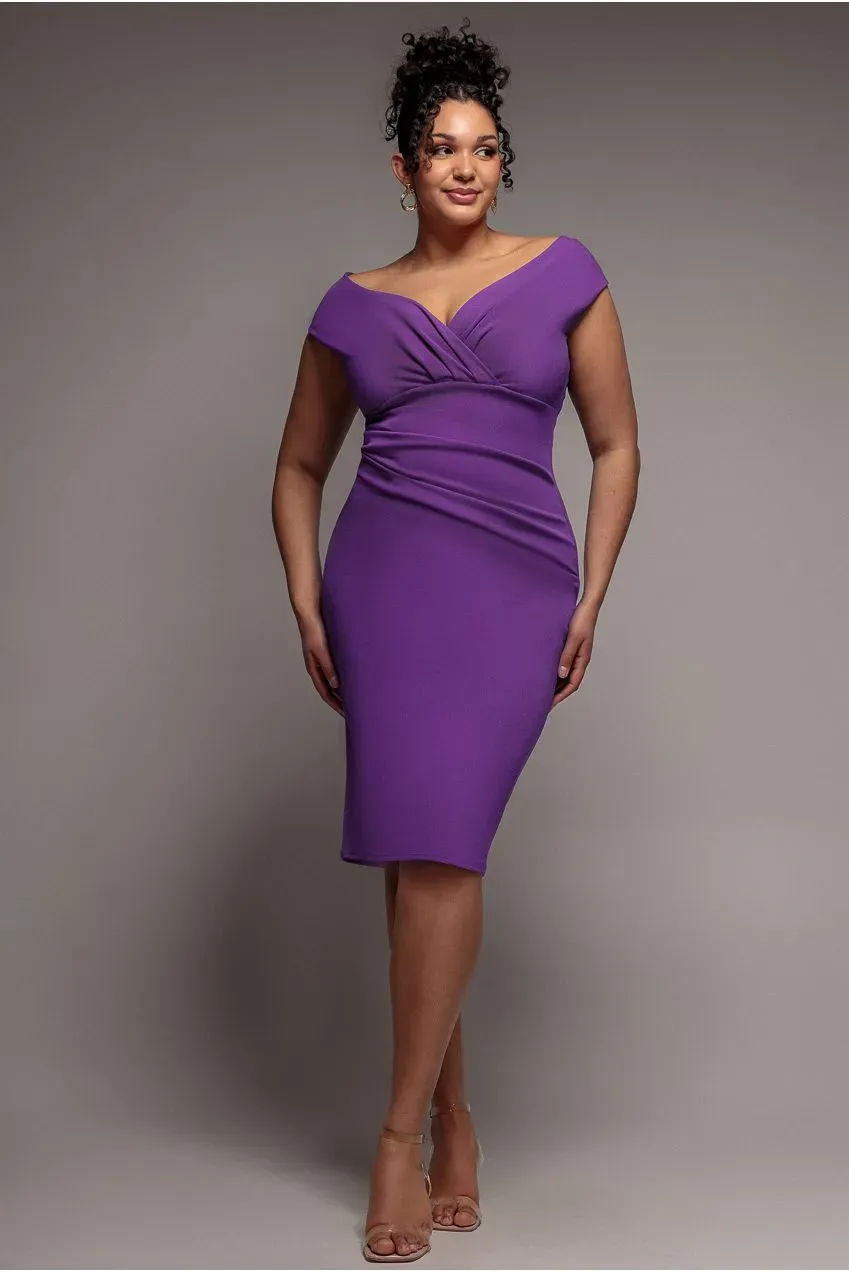 Goddiva Plus Scuba Bardot abito midi viola DR4135
