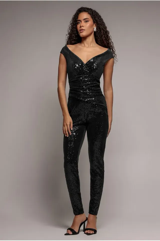 Goddiva tuta velluto paillettes nero bardot