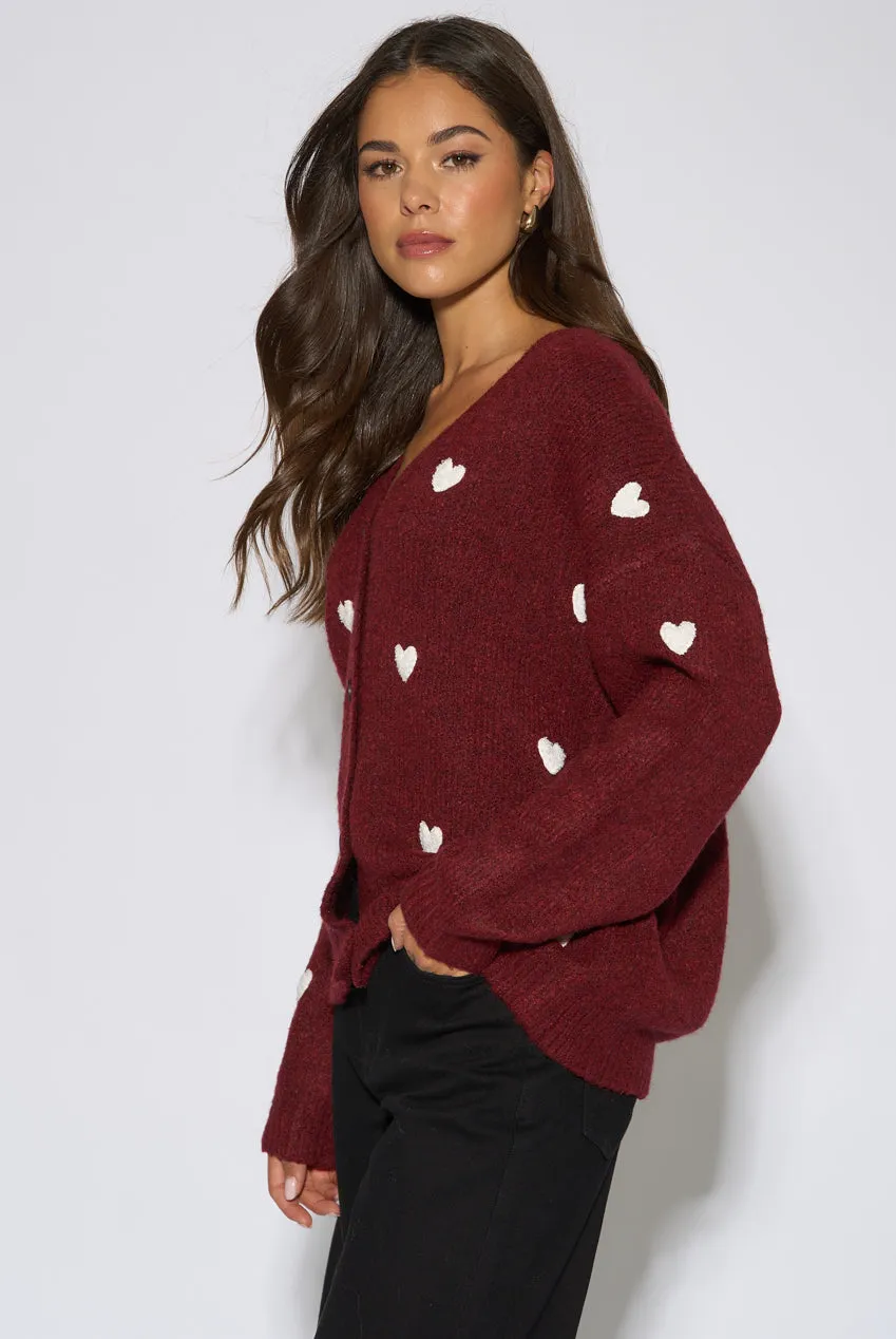 Gini London Mulberry cardigan corto berry cuori knit