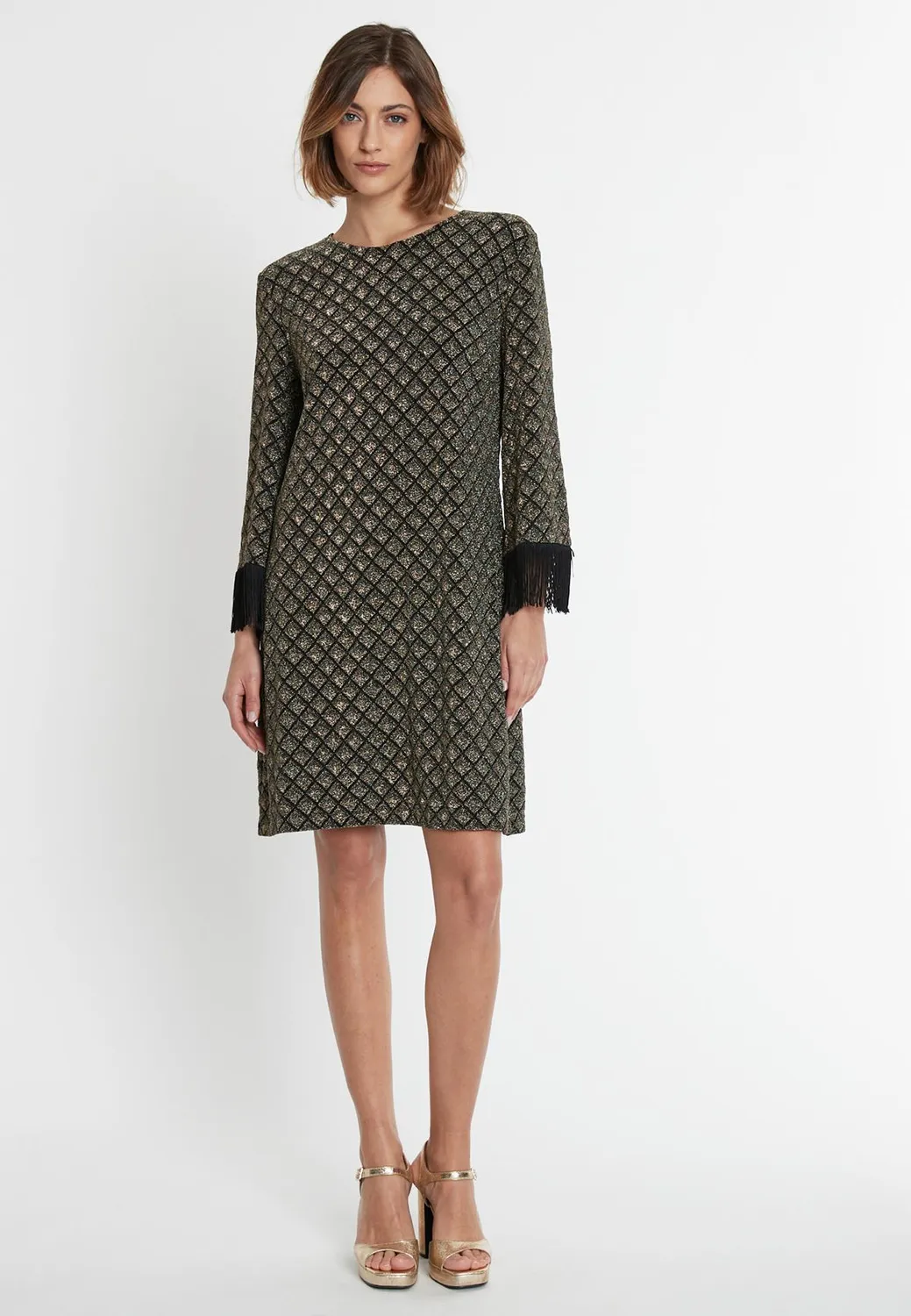 Ana Alcazar Sakary abito frange nero oro lurex