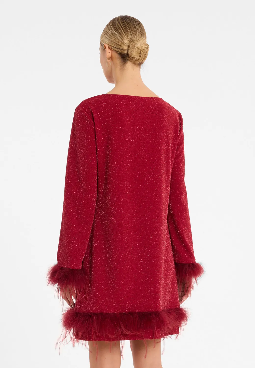Ana Alcazar Cilea abito cocktail rosso lurex piume svasato
