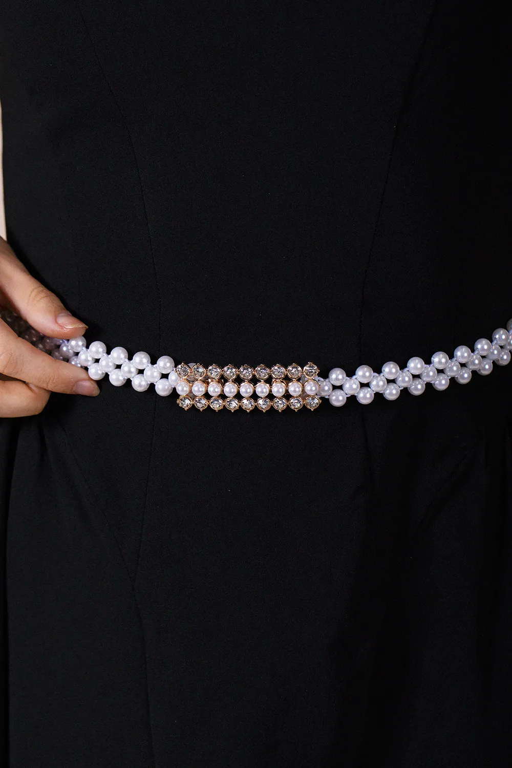SVNX cintura perle bianche elasticizzata fibbia strass